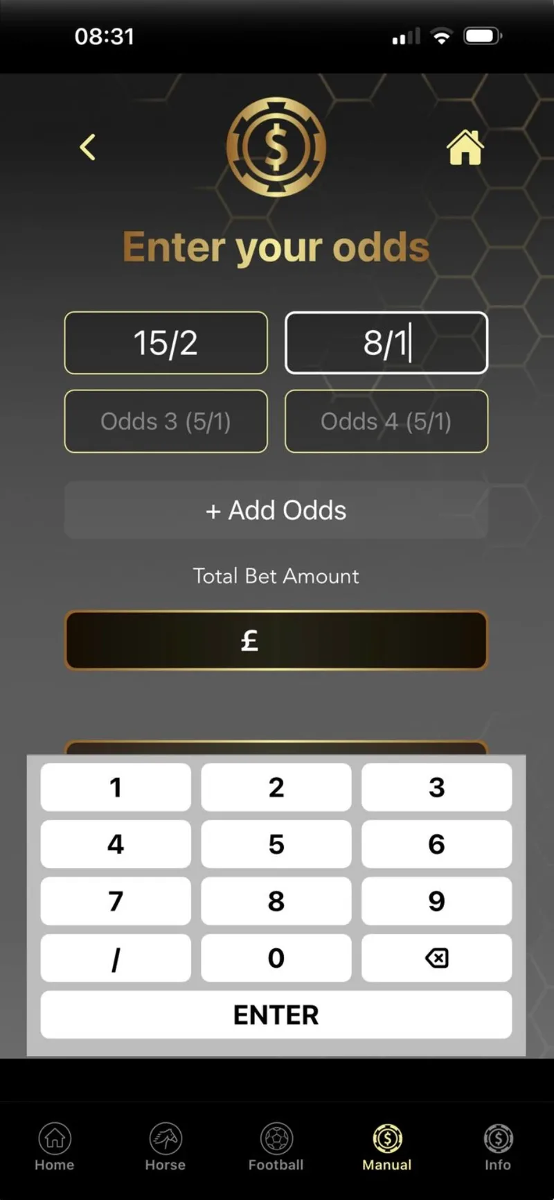 The Stakemaster manual calculator: odds of 15/2 and 8/1 entered, with space for more selections and a total bet amount